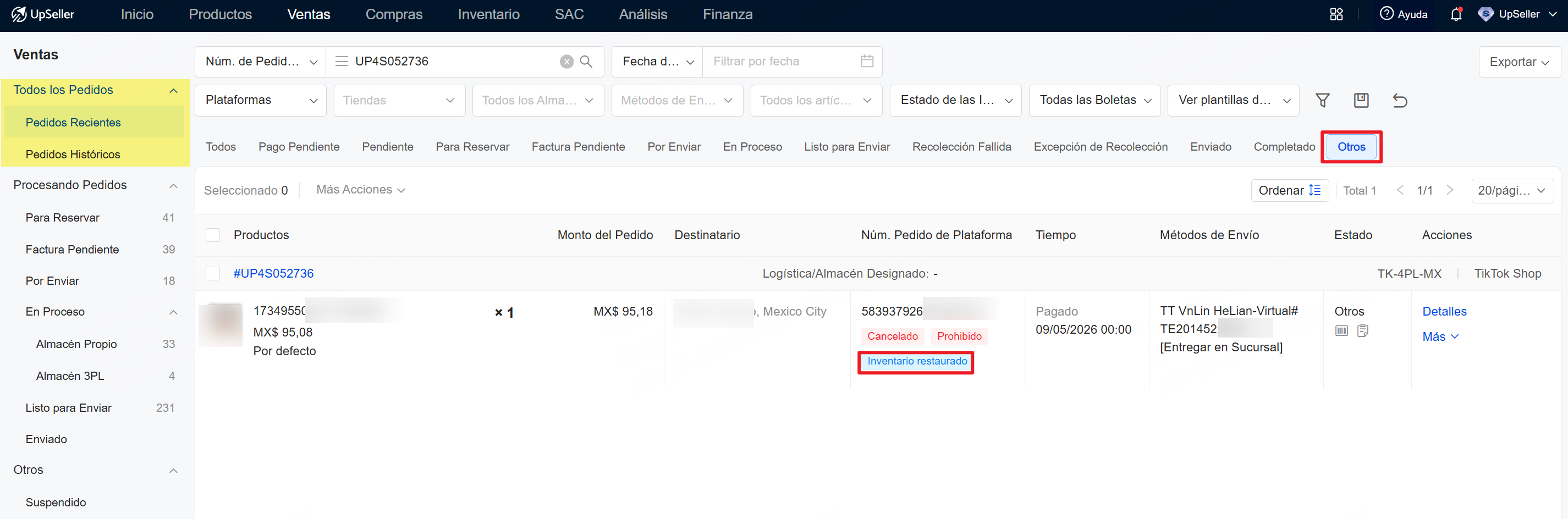 pedido cambiará automáticamente de Excepción de Recolección