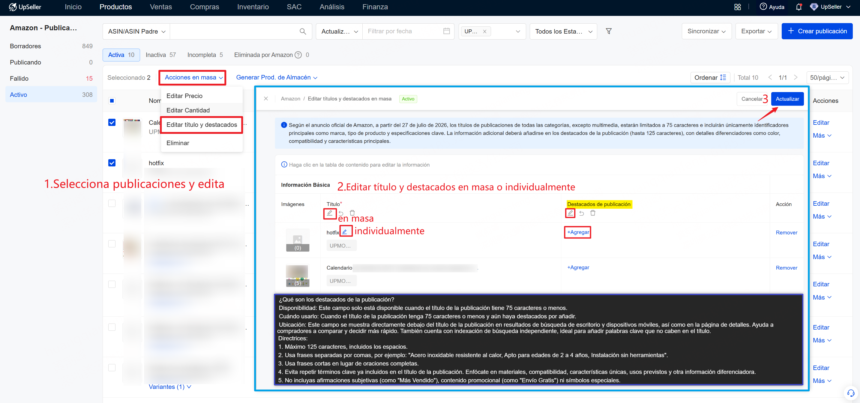 Cómo editar títulos y destacados de publicaciones de Amazon en masa