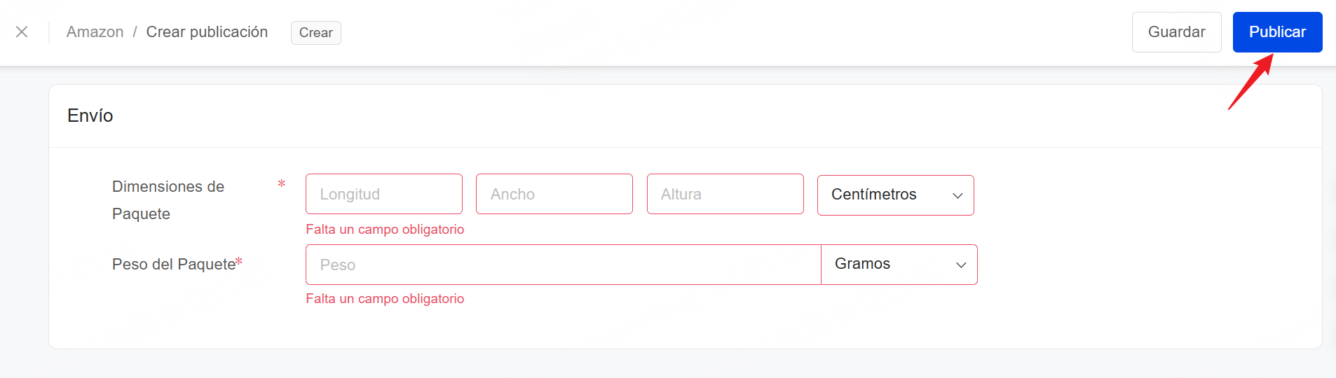 ingresa peso y dimesiones para publicar producto en Amazon