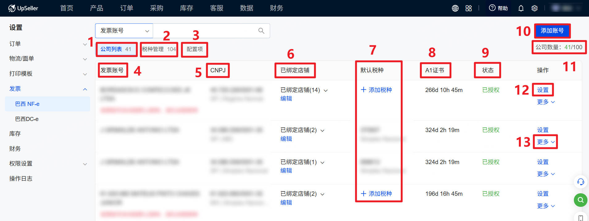 UpSeller巴西发票设置：页面详情介绍