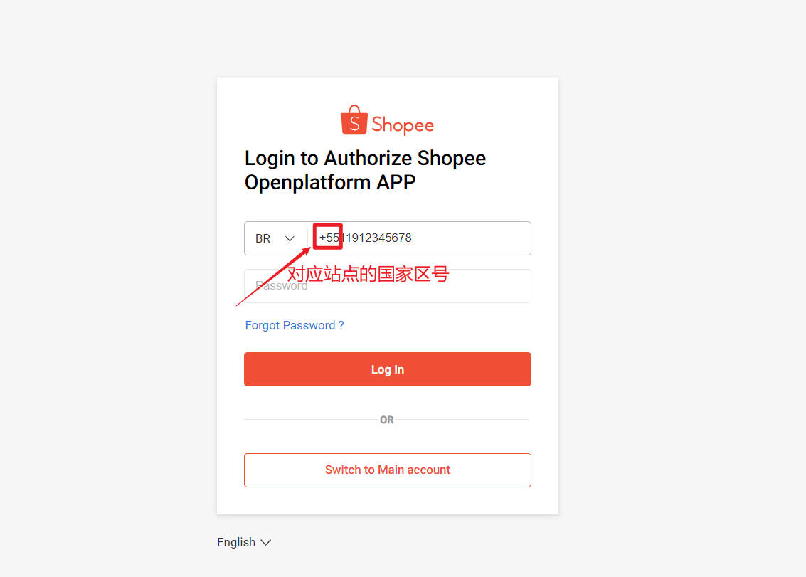 Shopee 授权登录页面,标注站点对应的国家区号输入位置,巴西 BR 站点 + 55 示例