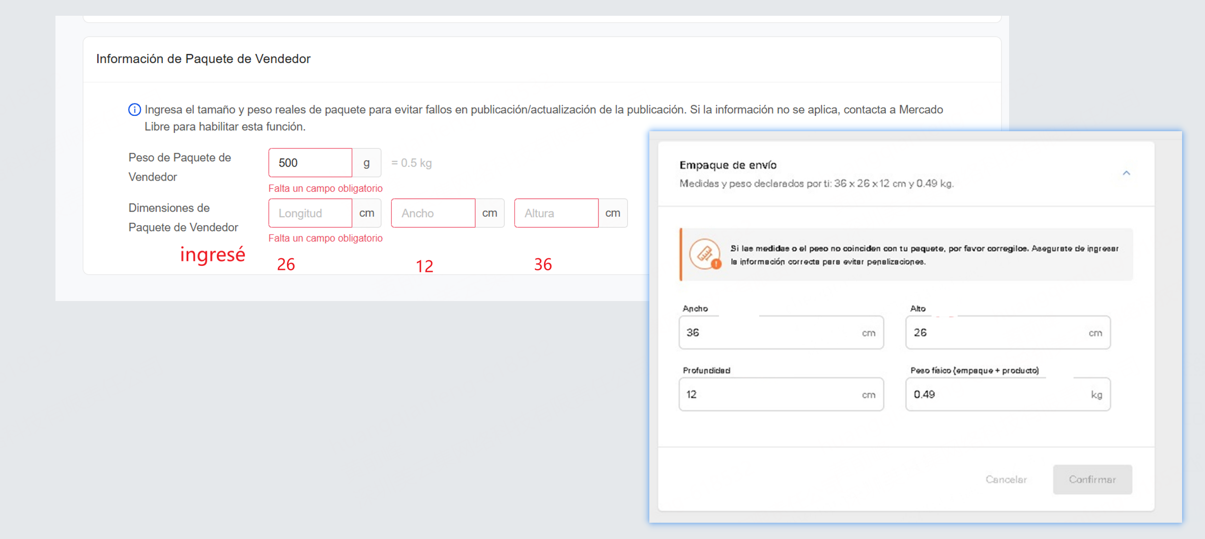orden de longitud, ancho y altura del paquete es diferente entre ML y UpSeller