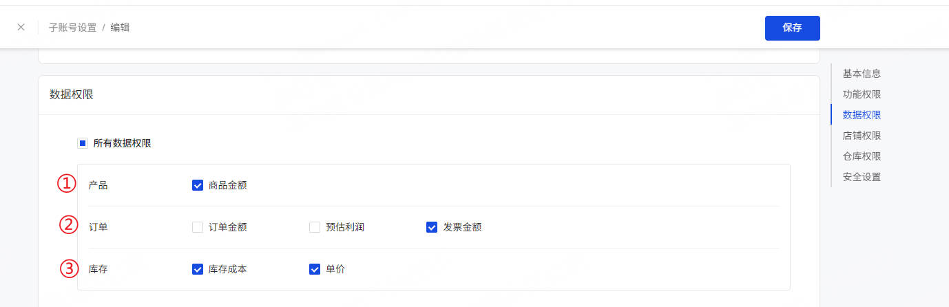 UpSeller子账号编辑的数据权限配置页面，分产品、订单、库存三类勾选明细数据权限，右上角保存按钮、右侧侧边栏为权限分类导航