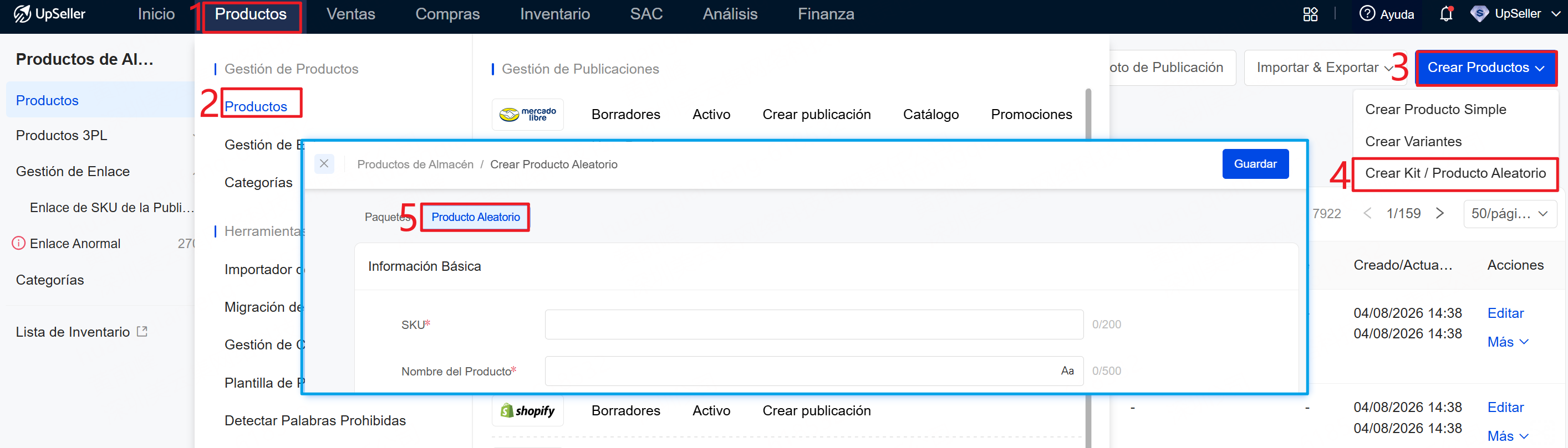 Entrada para crear Producto Aleatorio