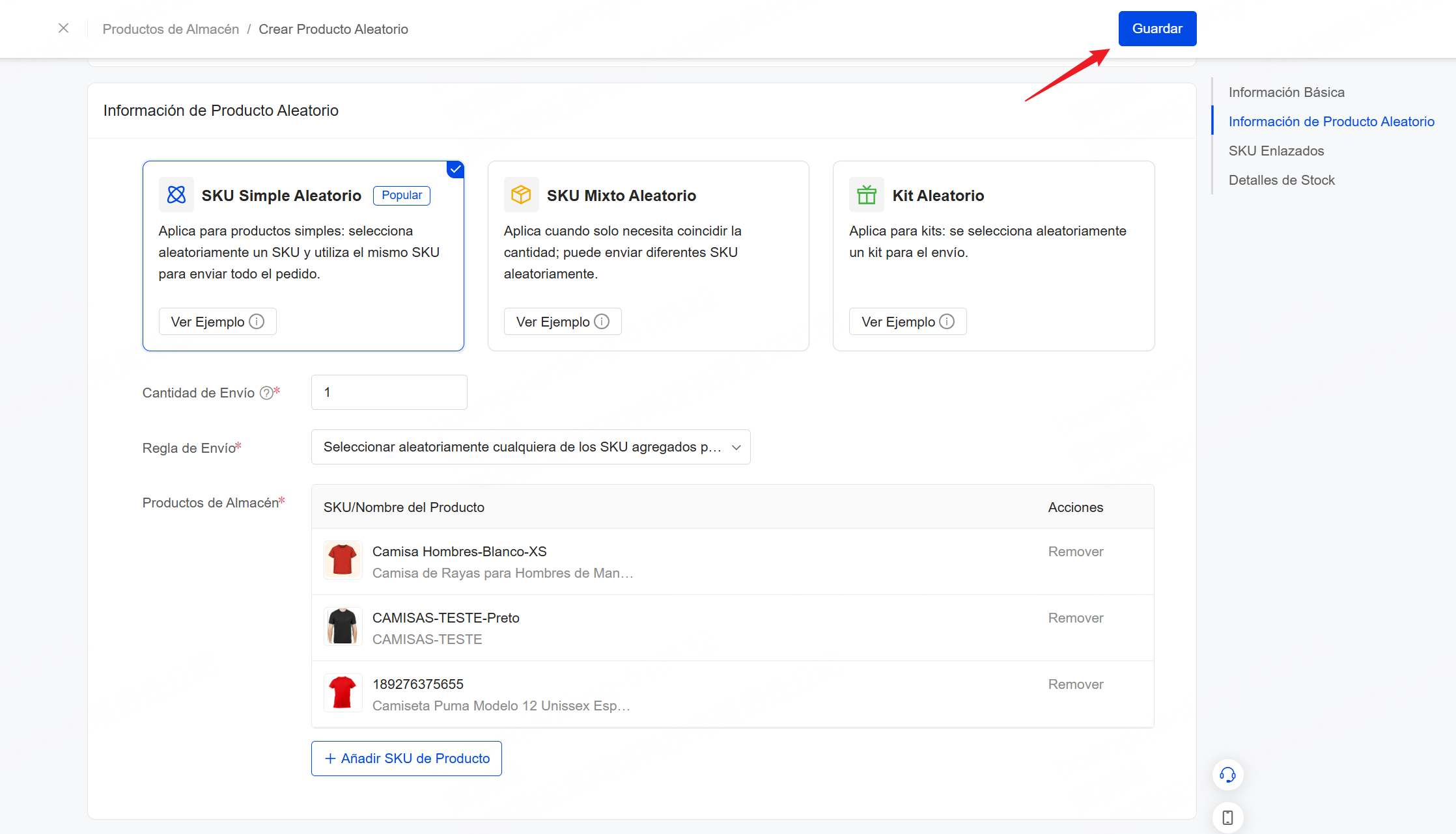 Guardar para crear producto aleatorio