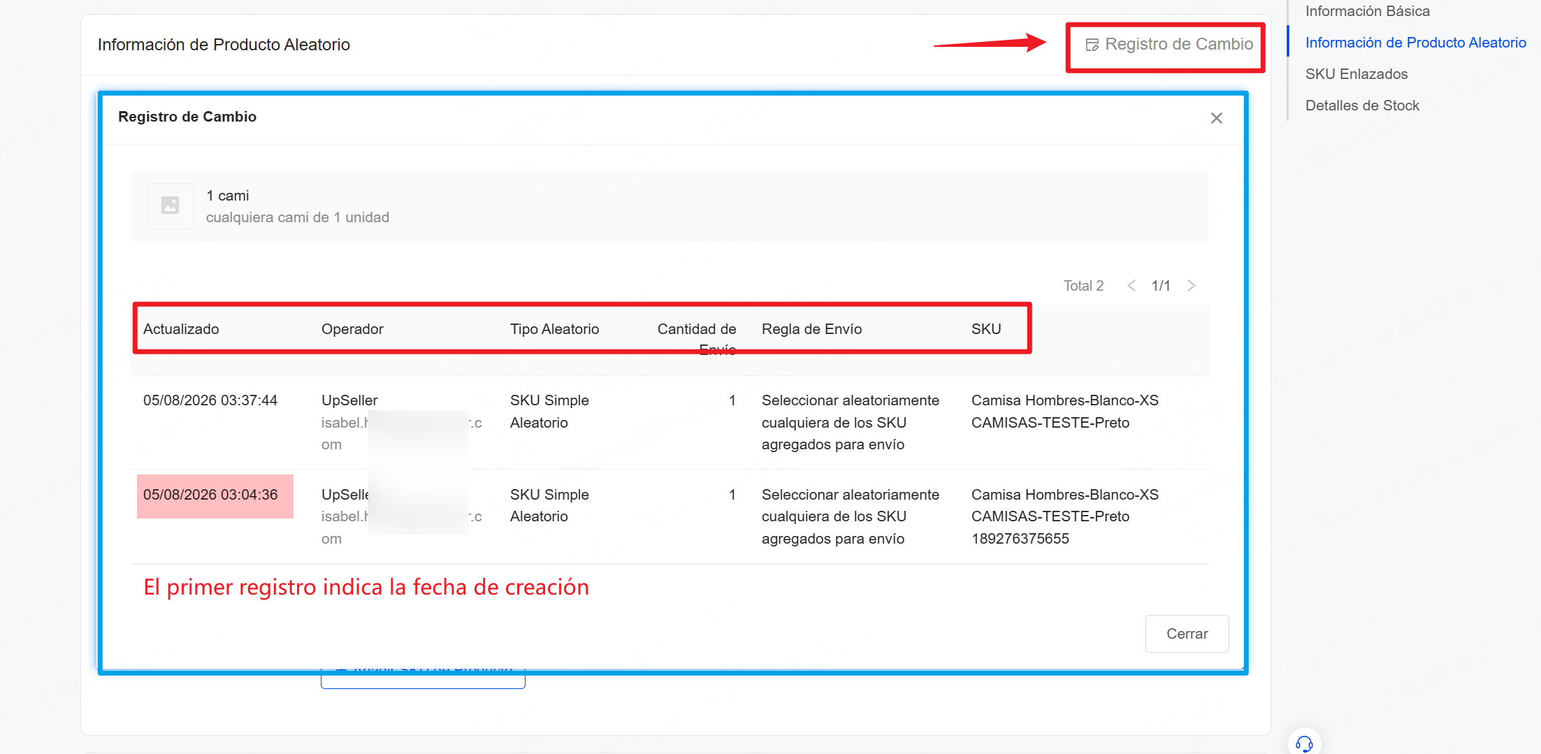 Entrada para consultar Registro de Cambio de Producto Aleatorio