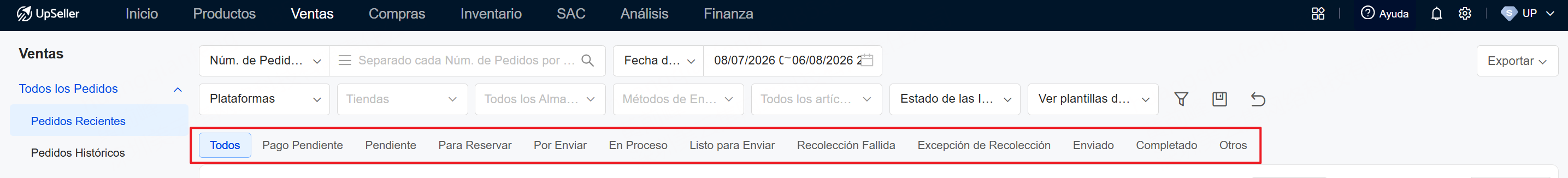 Qué secciones hay en Todos los pedidos del módulo de Ventas?