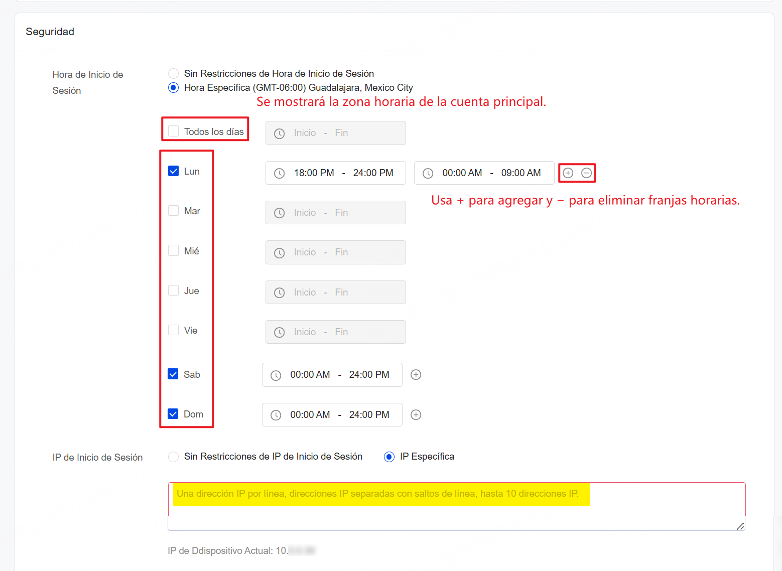 Hora e IP de Inicio de Sesión de subcuenta