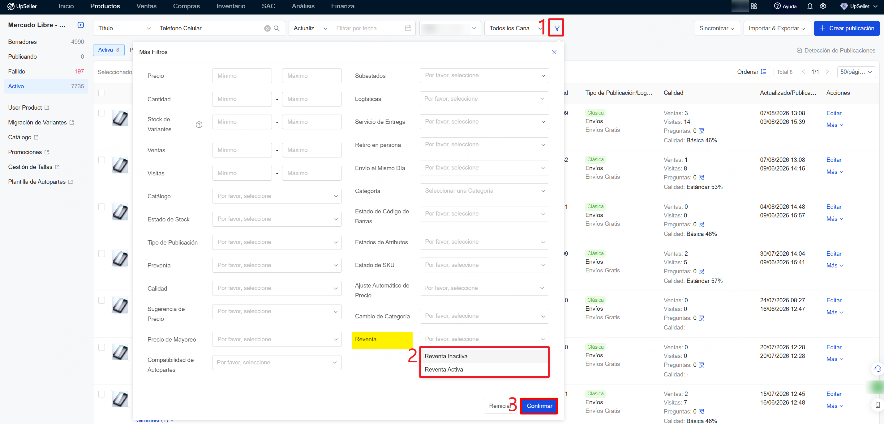 filtrar publicaciones de Reventa de Mercado Libre
