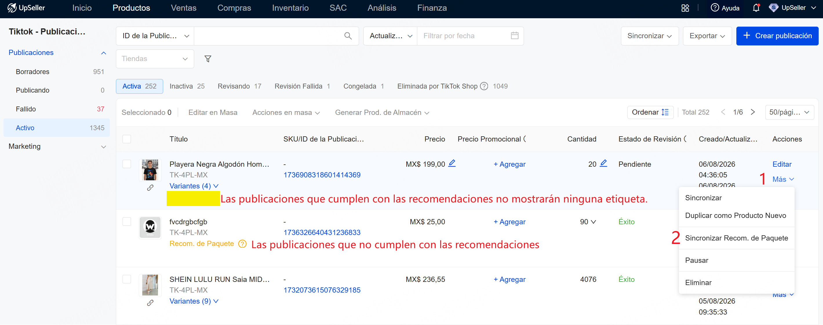 Sincronizar Recom. de Paquete individualmente