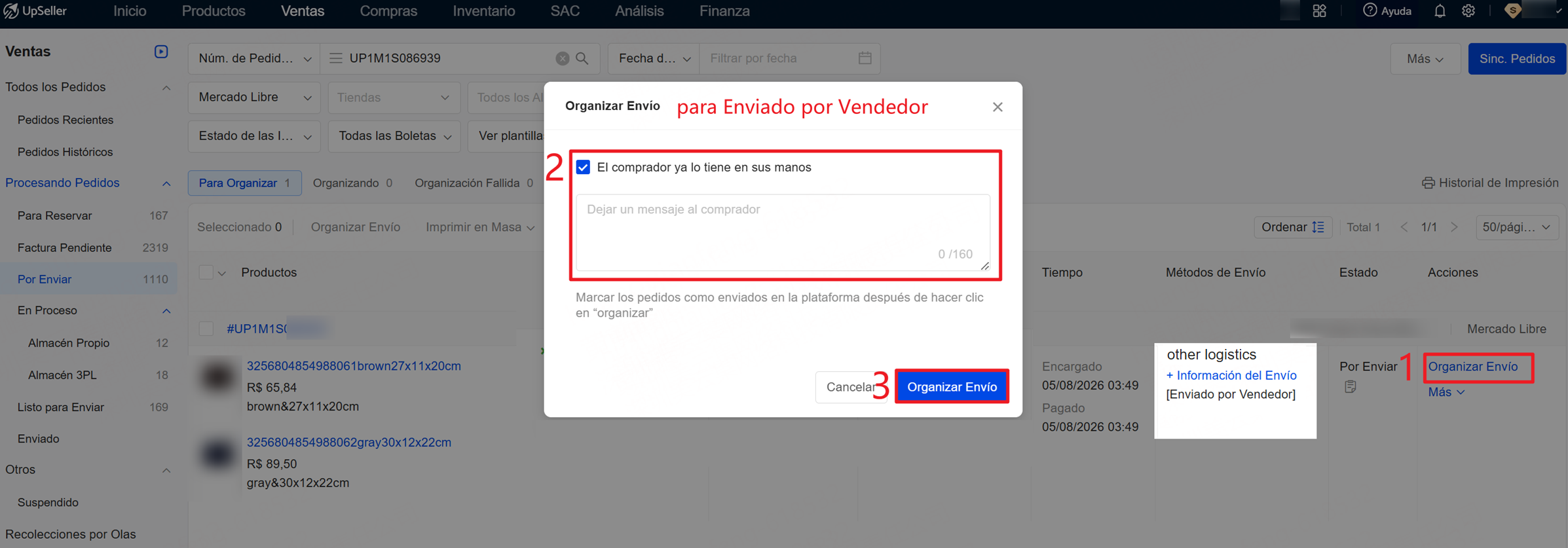 procesar los pedidos Enviados por Vendedor de Mercado Libre