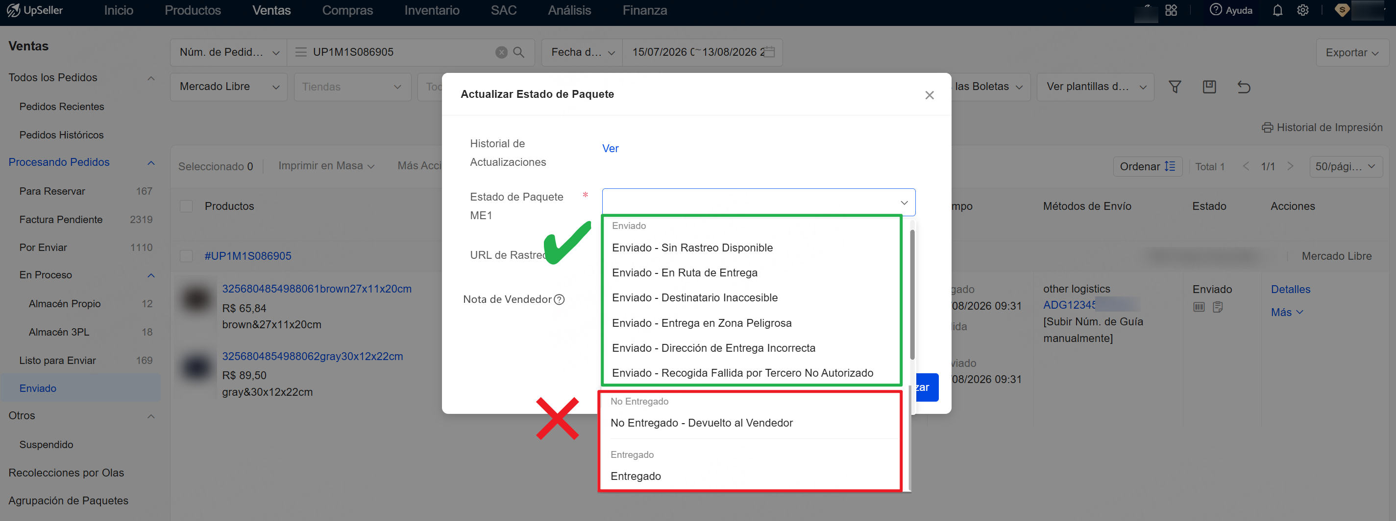  estado de paquete me1