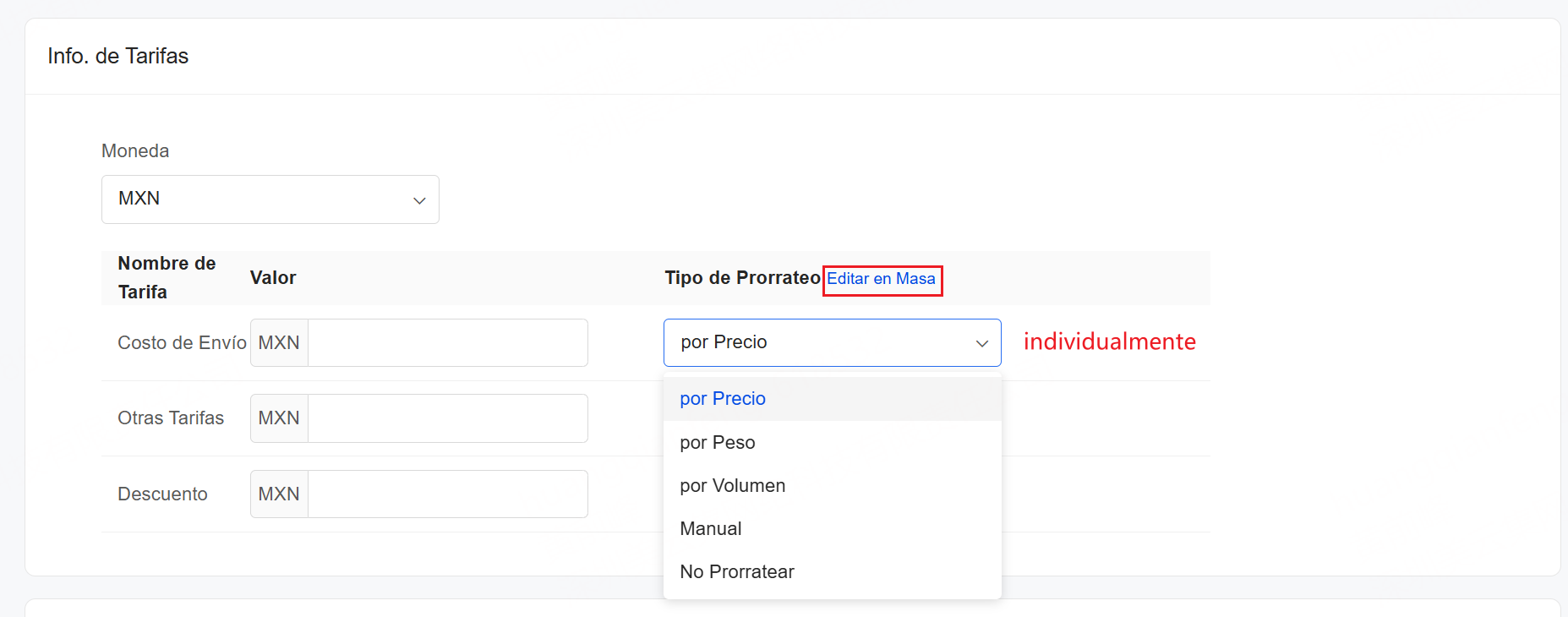 Completa informaciones de tarifas por ejemplo descuento, envío