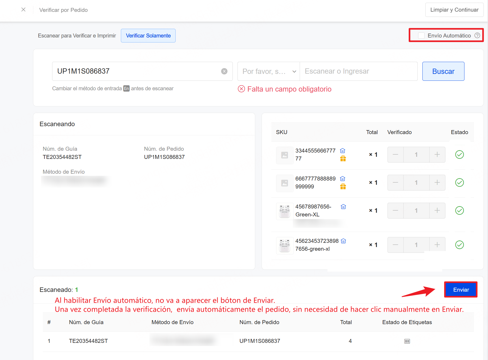 haz clic en "enviar" para mover automáticamente el pedido a Listo para Enviar