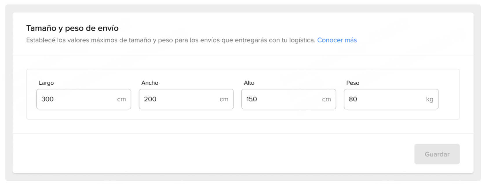 Define las medidas y peso máximos por el envío