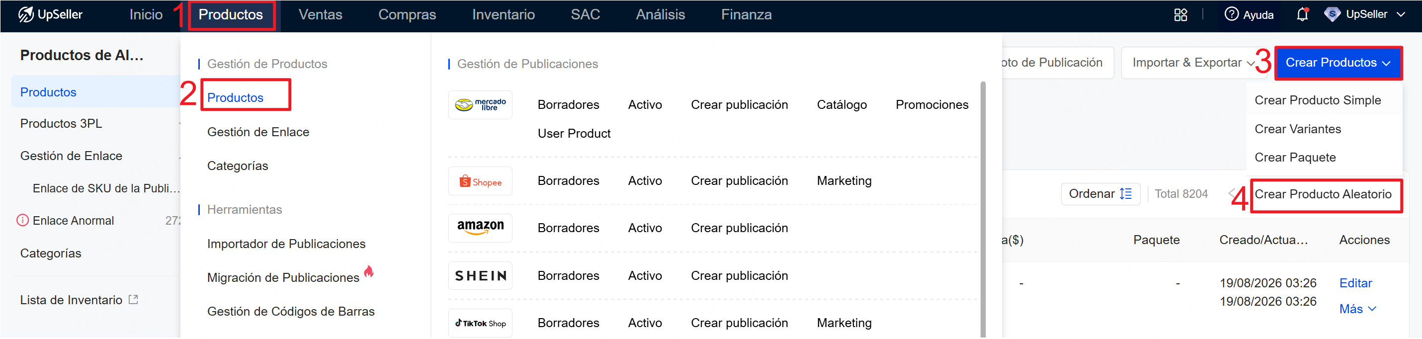 Entrada para crear Producto Aleatorio