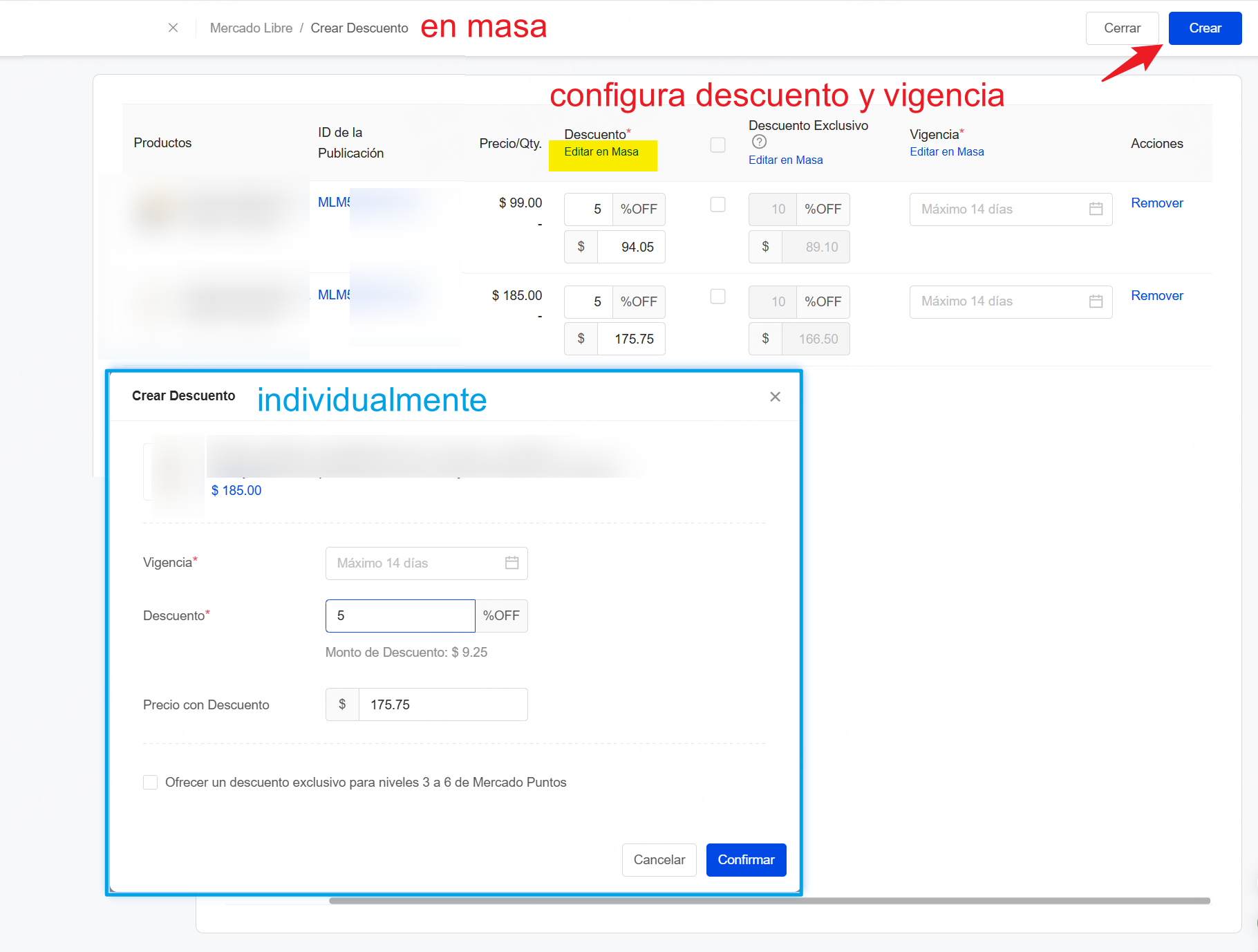 crear descuentos en masa en Mercado Libre