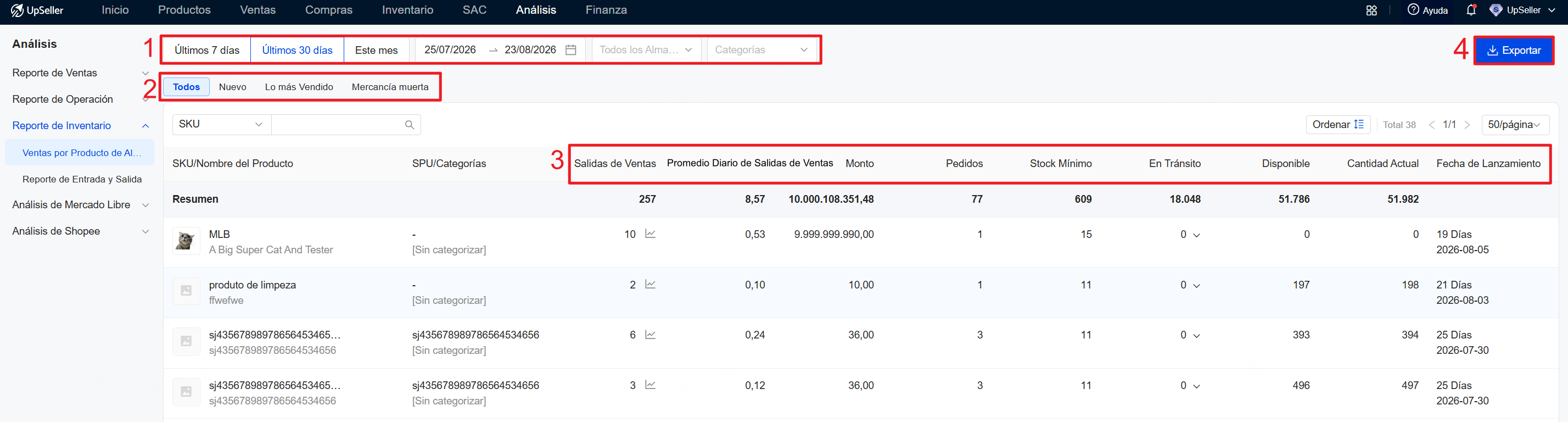 reporte de almacén en UpSeller