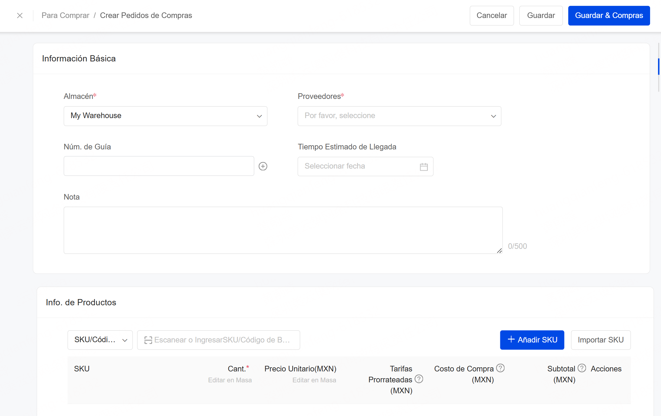 crear pedidos de compra