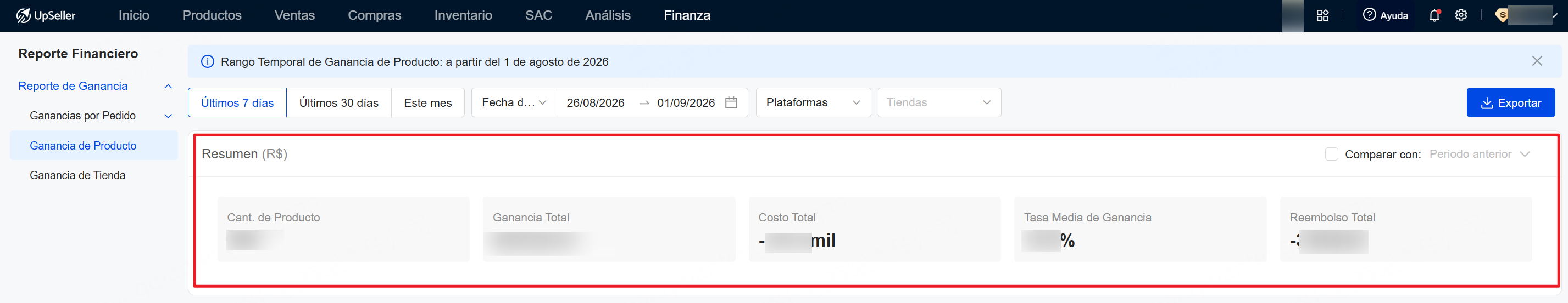 Resumen de Ganancia de Producto