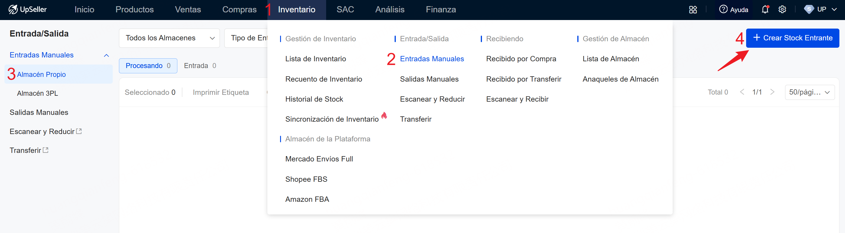 crear stock entrante de almacén propio