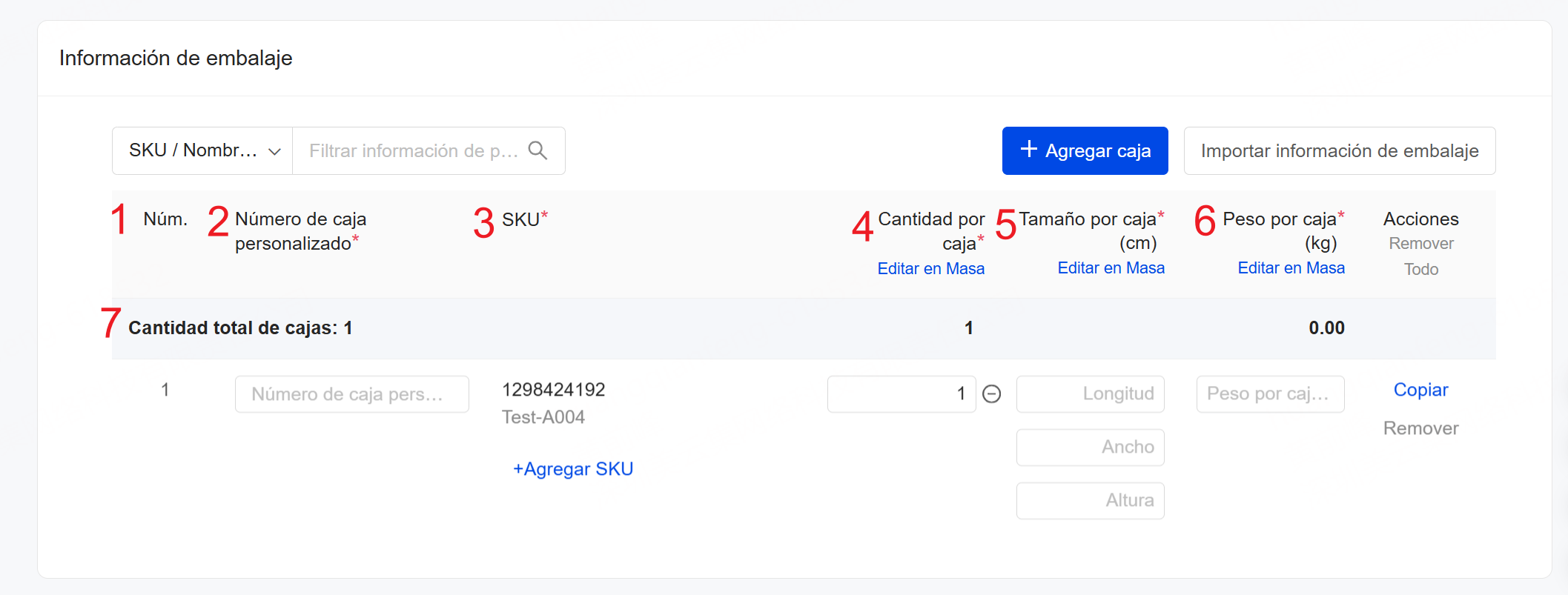 Introducción de los campos de Información de embalaje