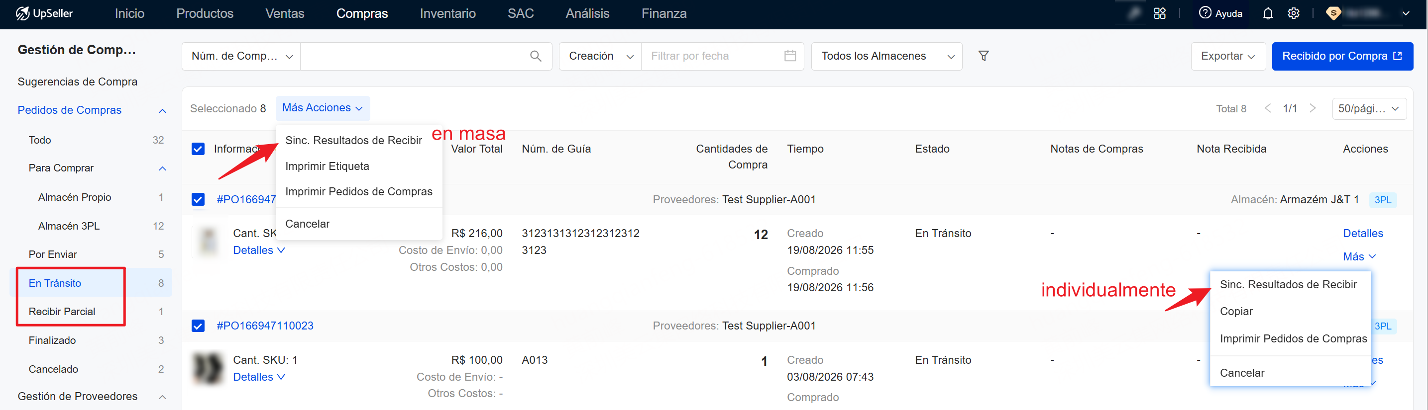 Sinc. Resultados de Recibir