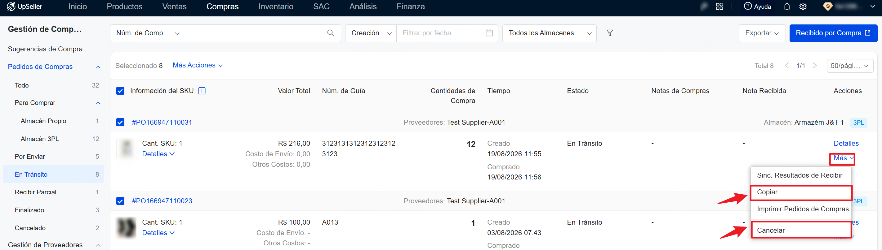 copiar y cancelar el Pedido de Compras