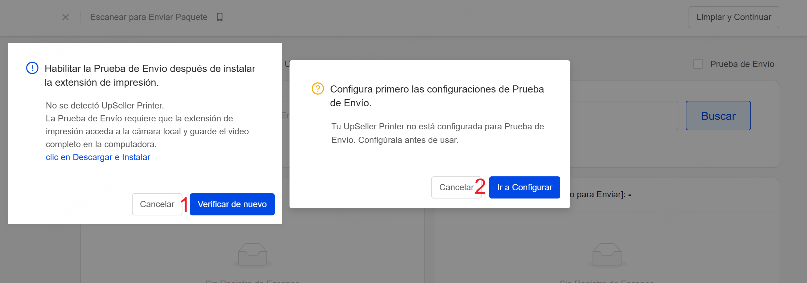entrada de configuración de Prueba de Envío