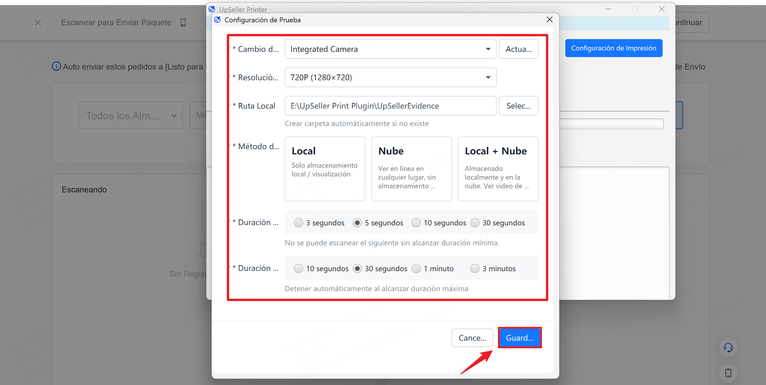 Página de configuración de Prueba de Envío