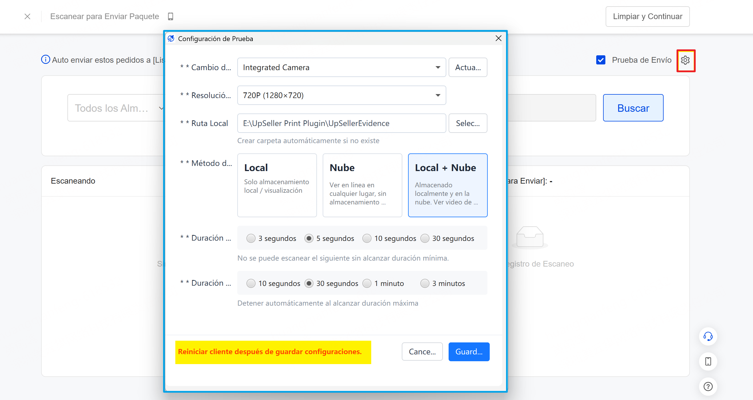 Entrada para modificar la configuración existente