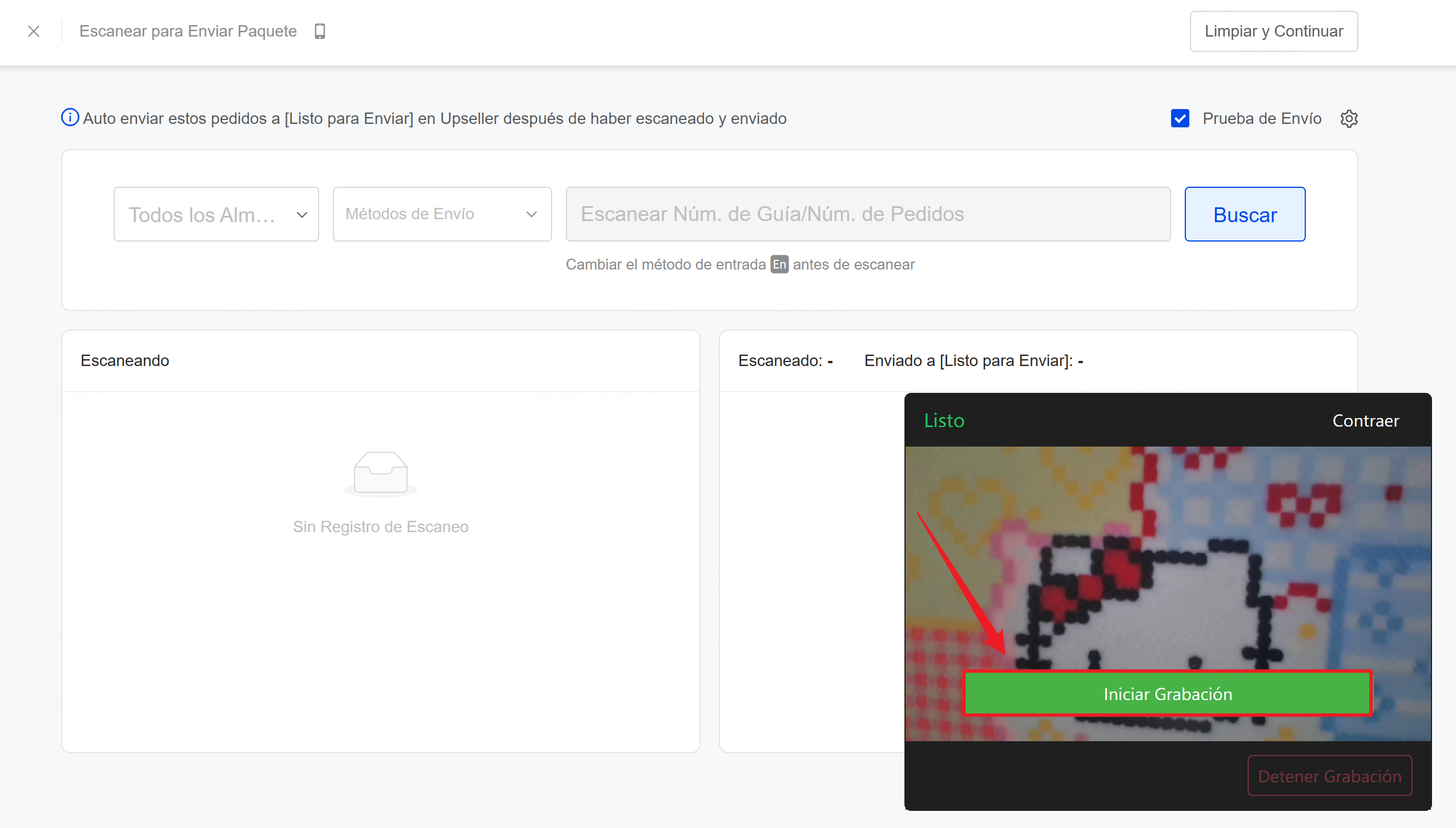 Vista previa de la grabación de video de Prueba de Envío