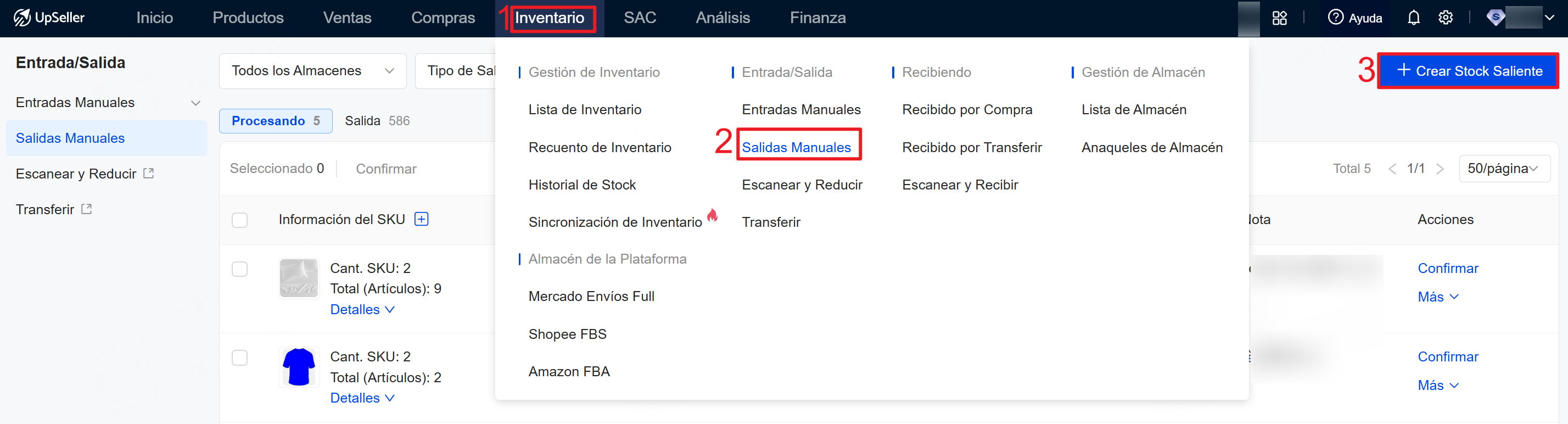 Entrada de crear un stock saliente