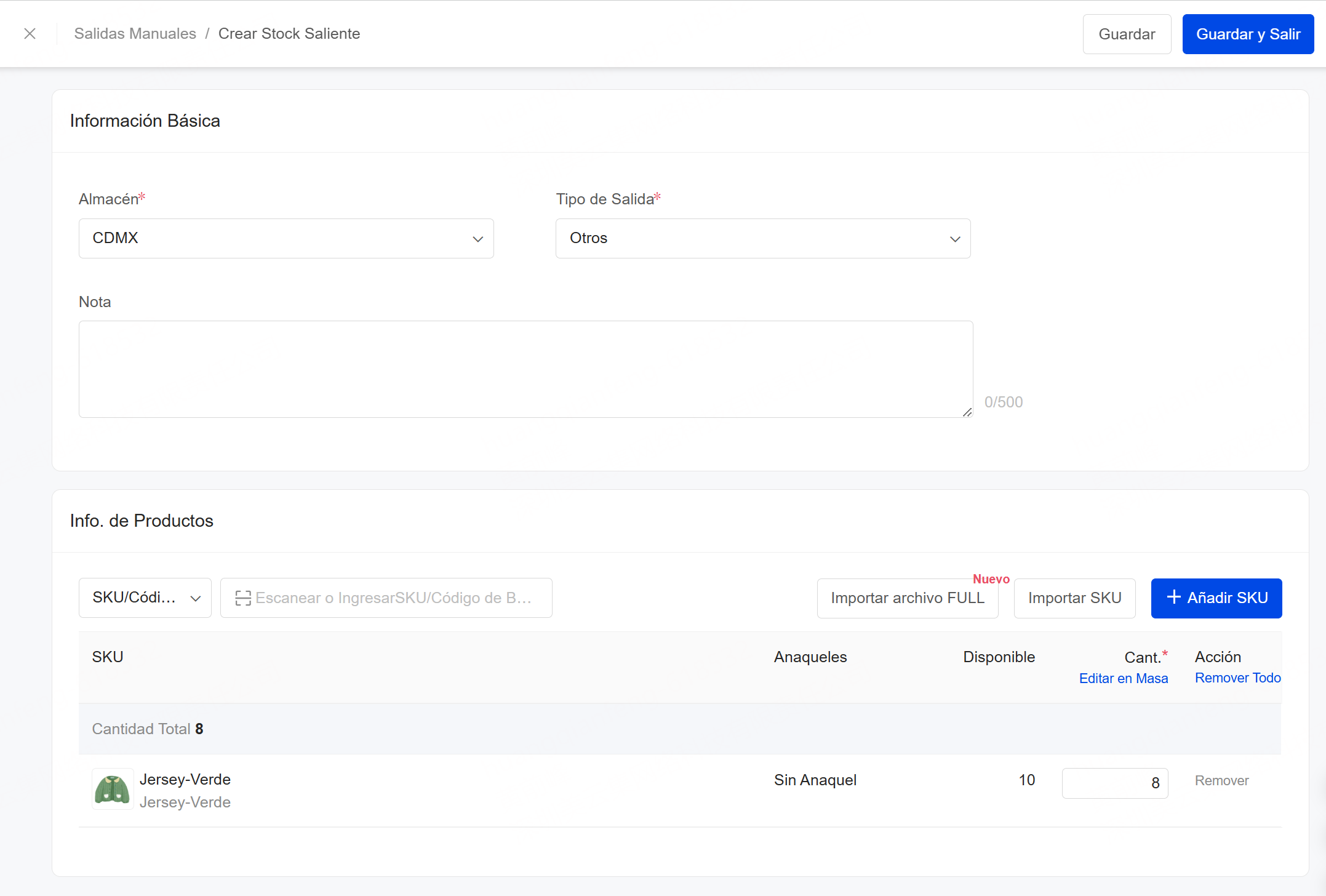 Pasos para crear stock saliente