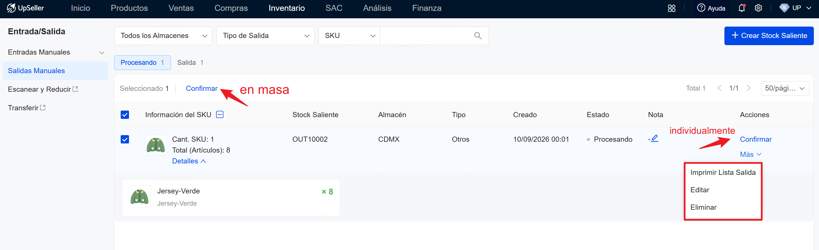 gestionar Stock Saliente