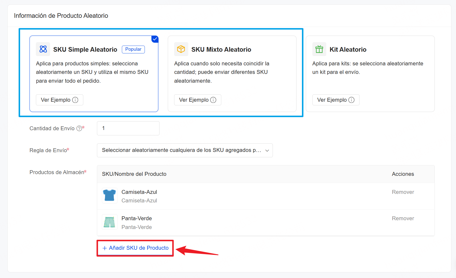 Añadir SKU de Producto para agregar los productos