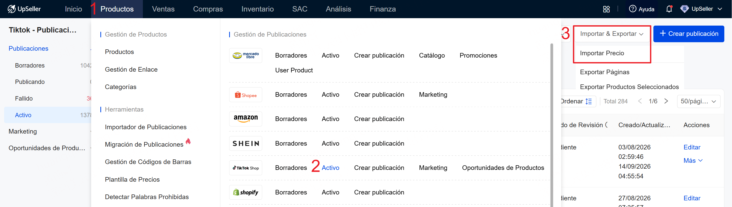  Entrada para importar y actualizar precios de publicaciones de TikTok Shop