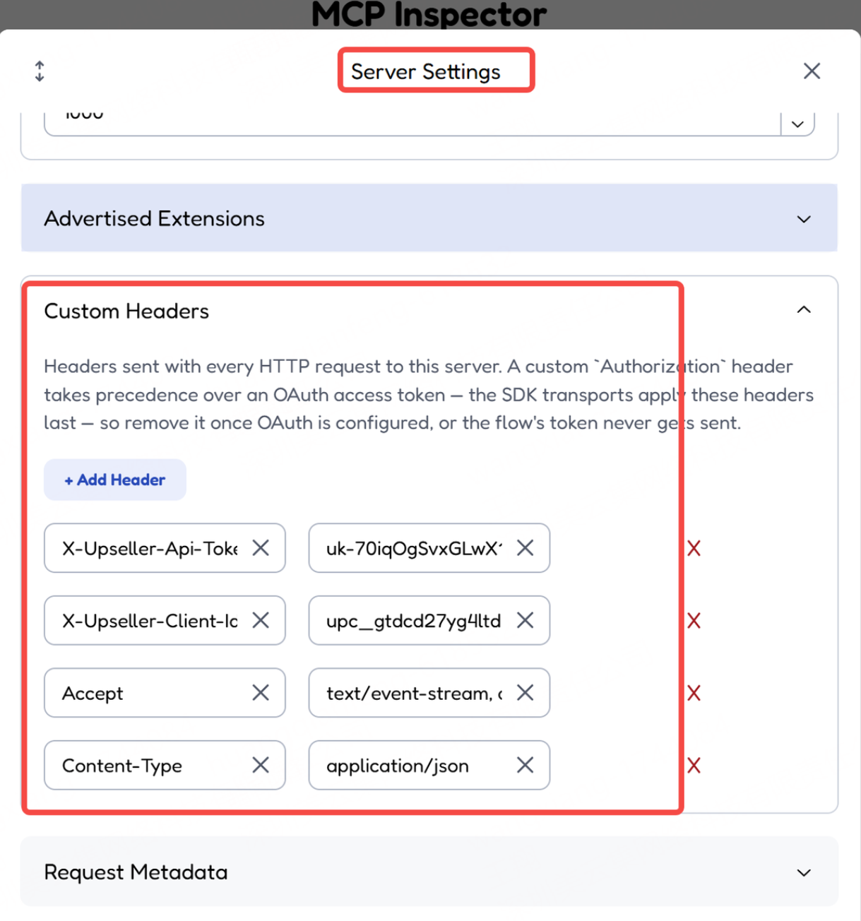 Settings—custom headers