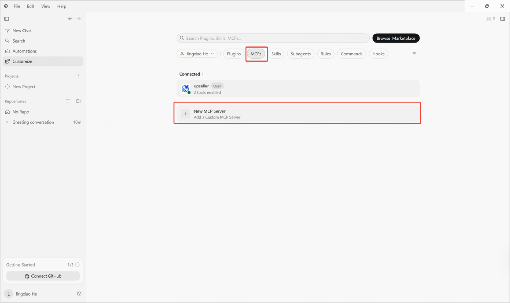 Haz clic en MCPs, New MCP Server