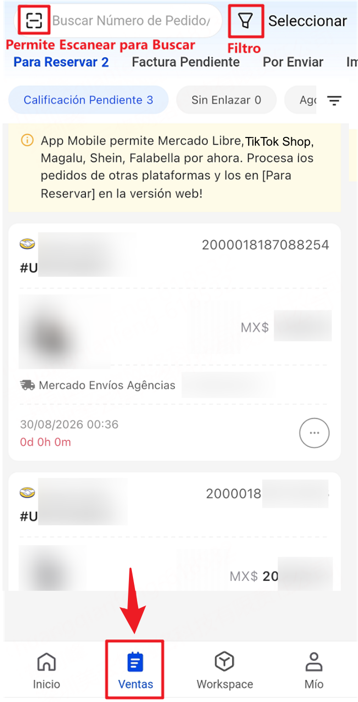 Entrada de Procesamiento de pedidos en UpSeller App