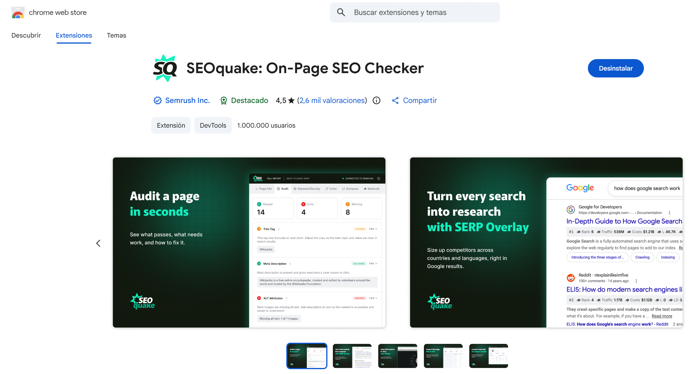 SEOquake revisa páginas de producto