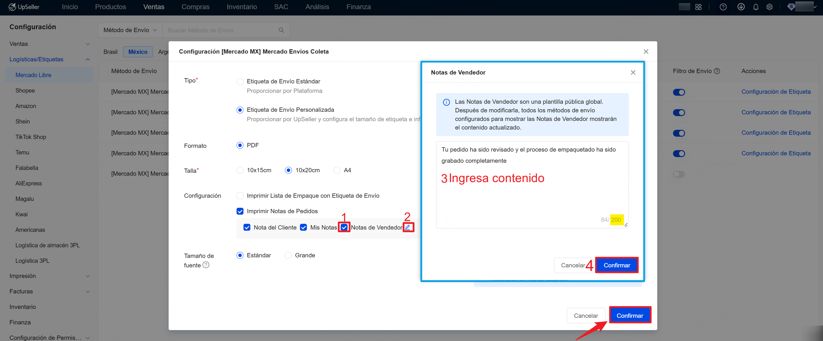 Marca y agregar Notas de Vendedor