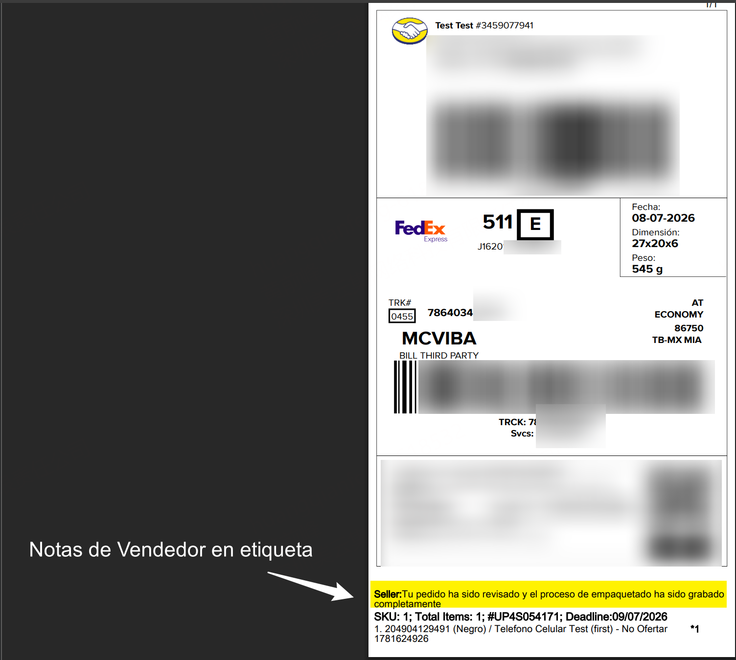 Notas de Vendedor en la etiqueta de envío