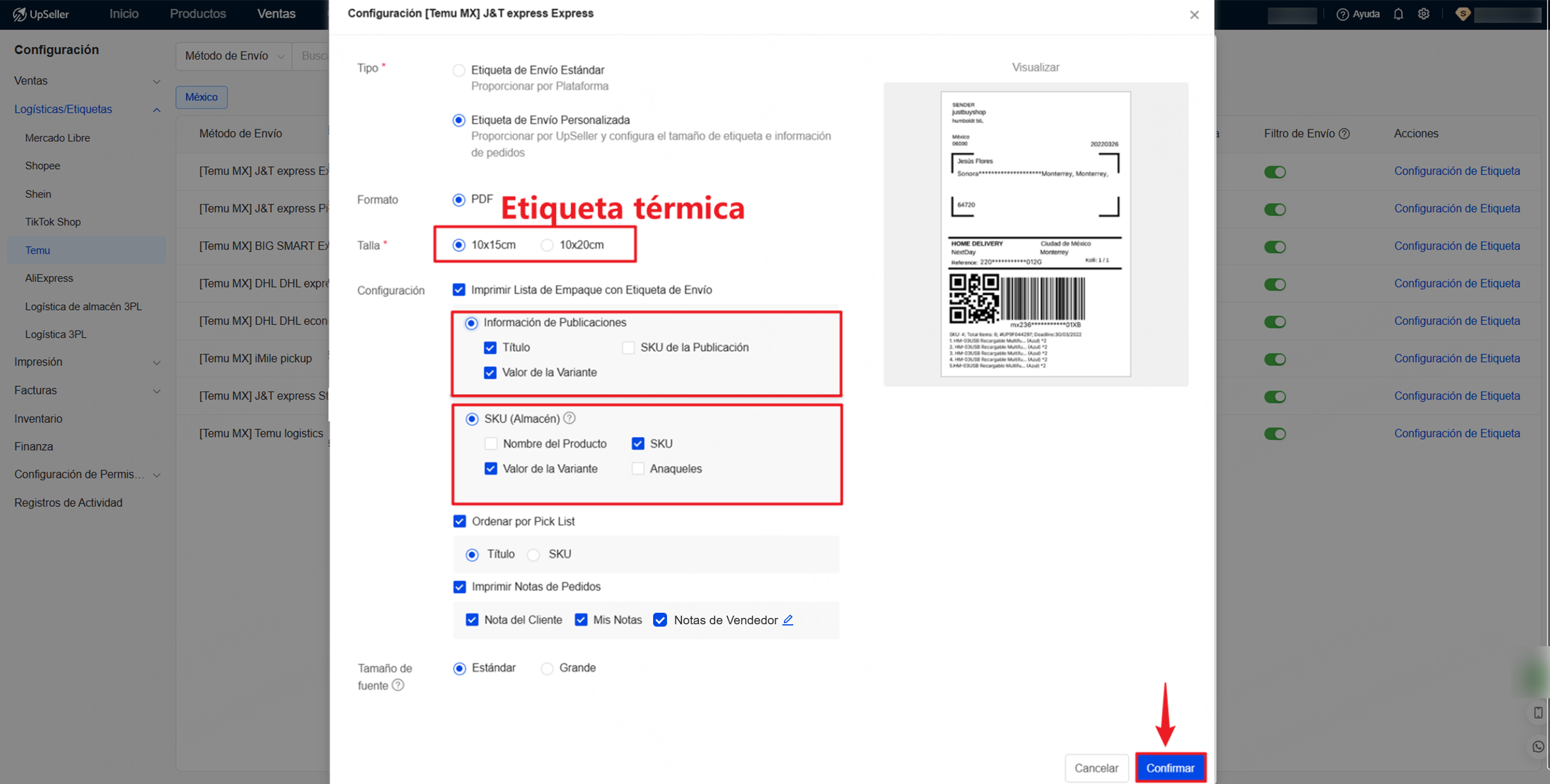 configurar etiquetas personalizadas de Temu