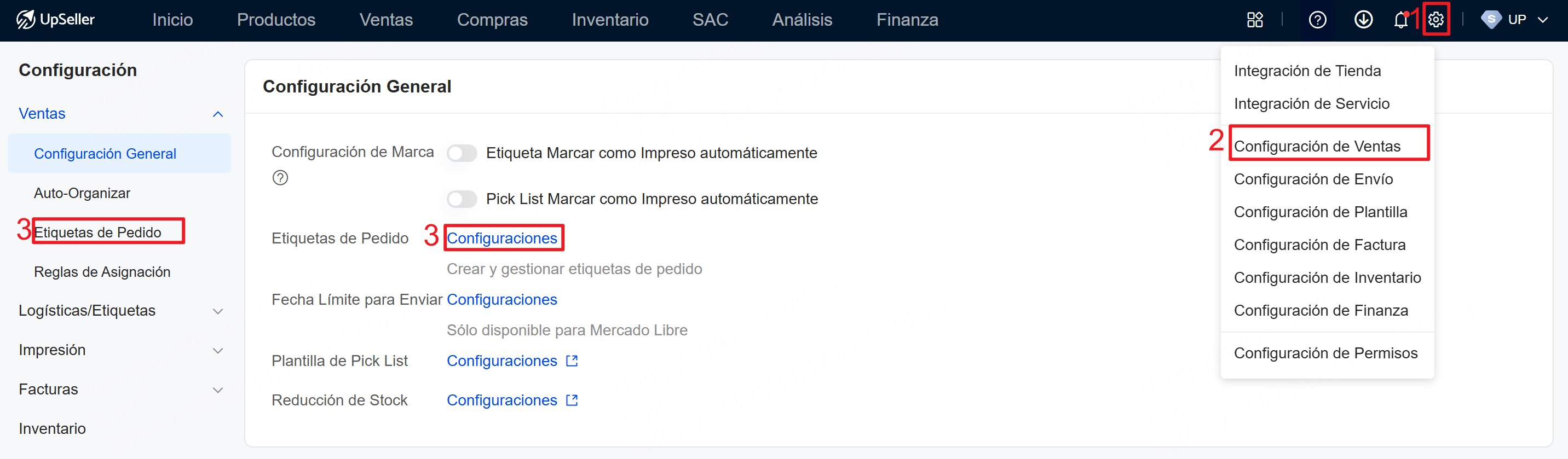 Entrada para configurar las Etiquetas de Pedido