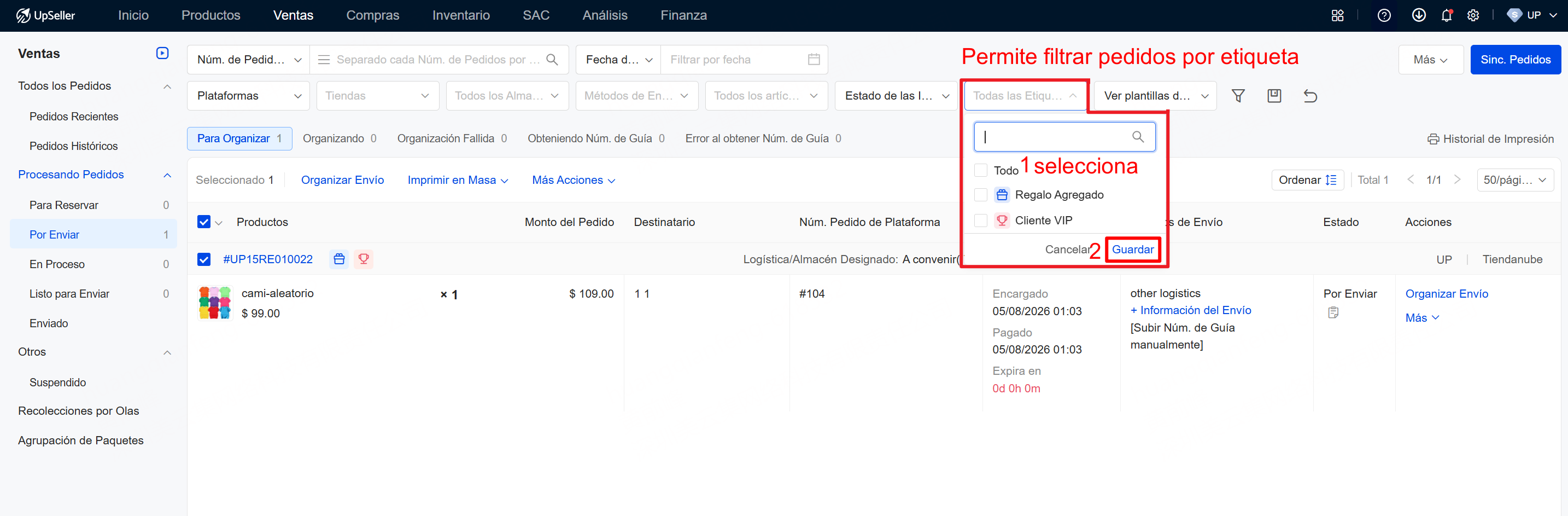 filtrar los pedidos que tienen una etiqueta