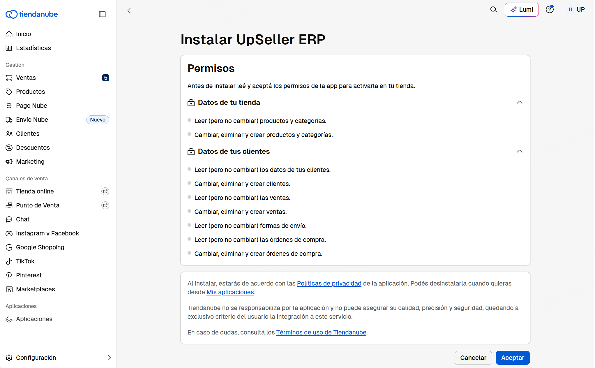 Acepta la autorización para enlazar tu tienda de Tiendanube a UpSeller ERP