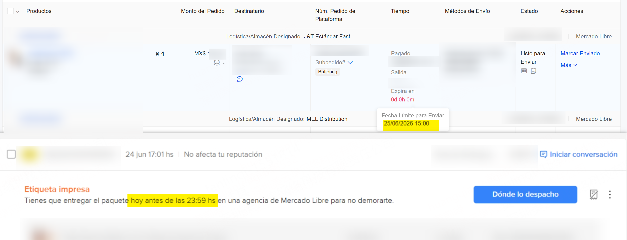 fecha límite para enviar en UpSeller y Mercado Libre
