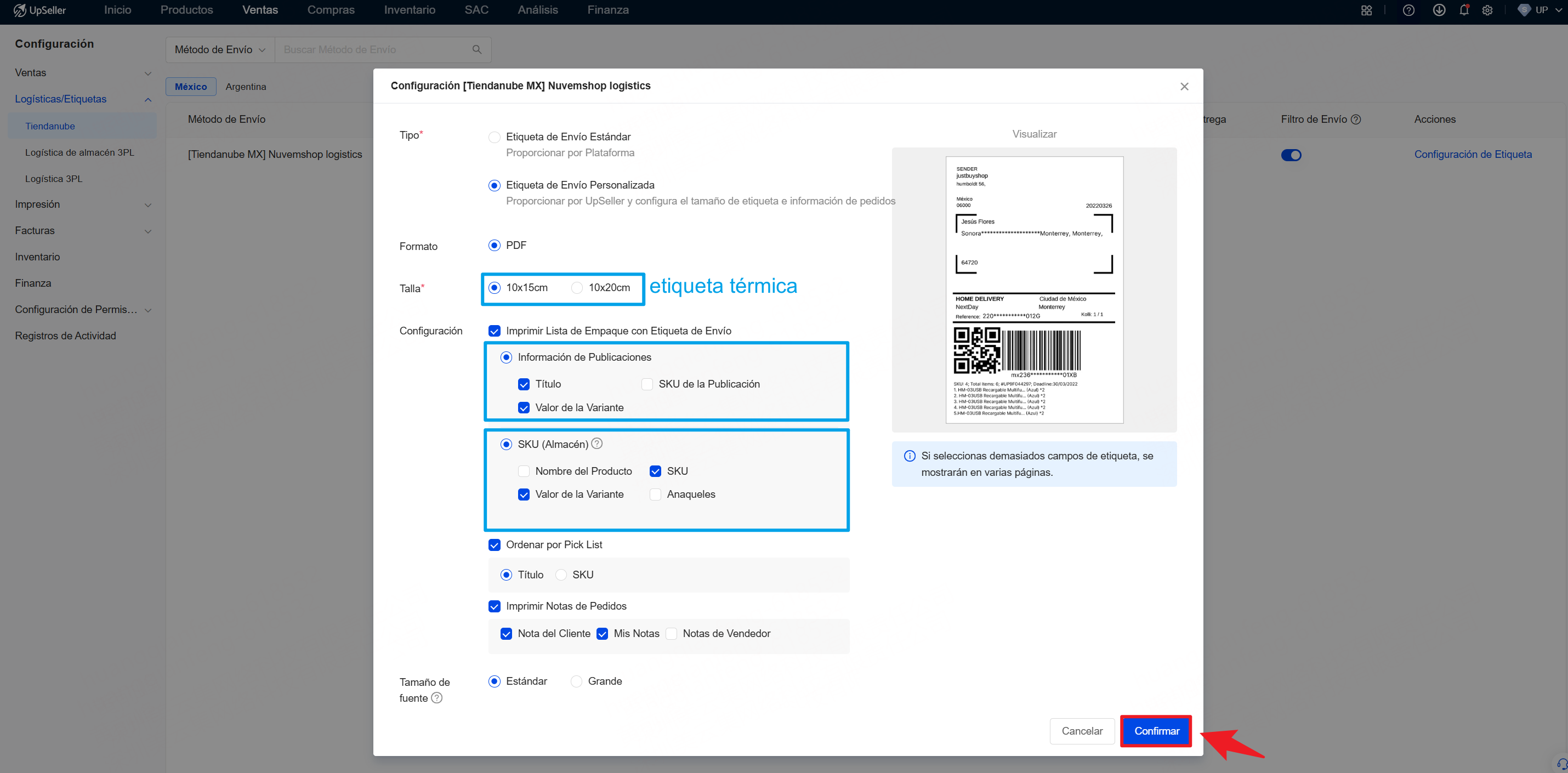 configuración de Envío Nube