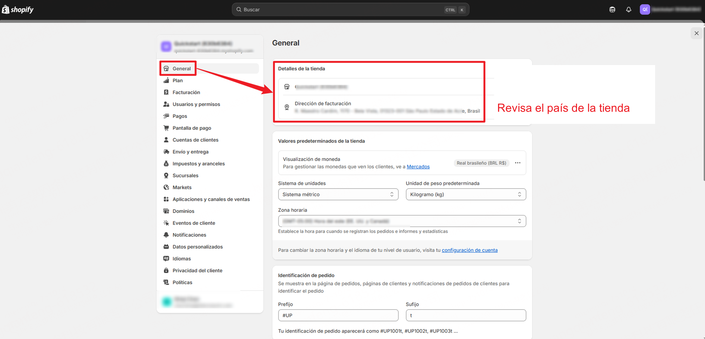  Verifica que la dirección de la tienda Shopify